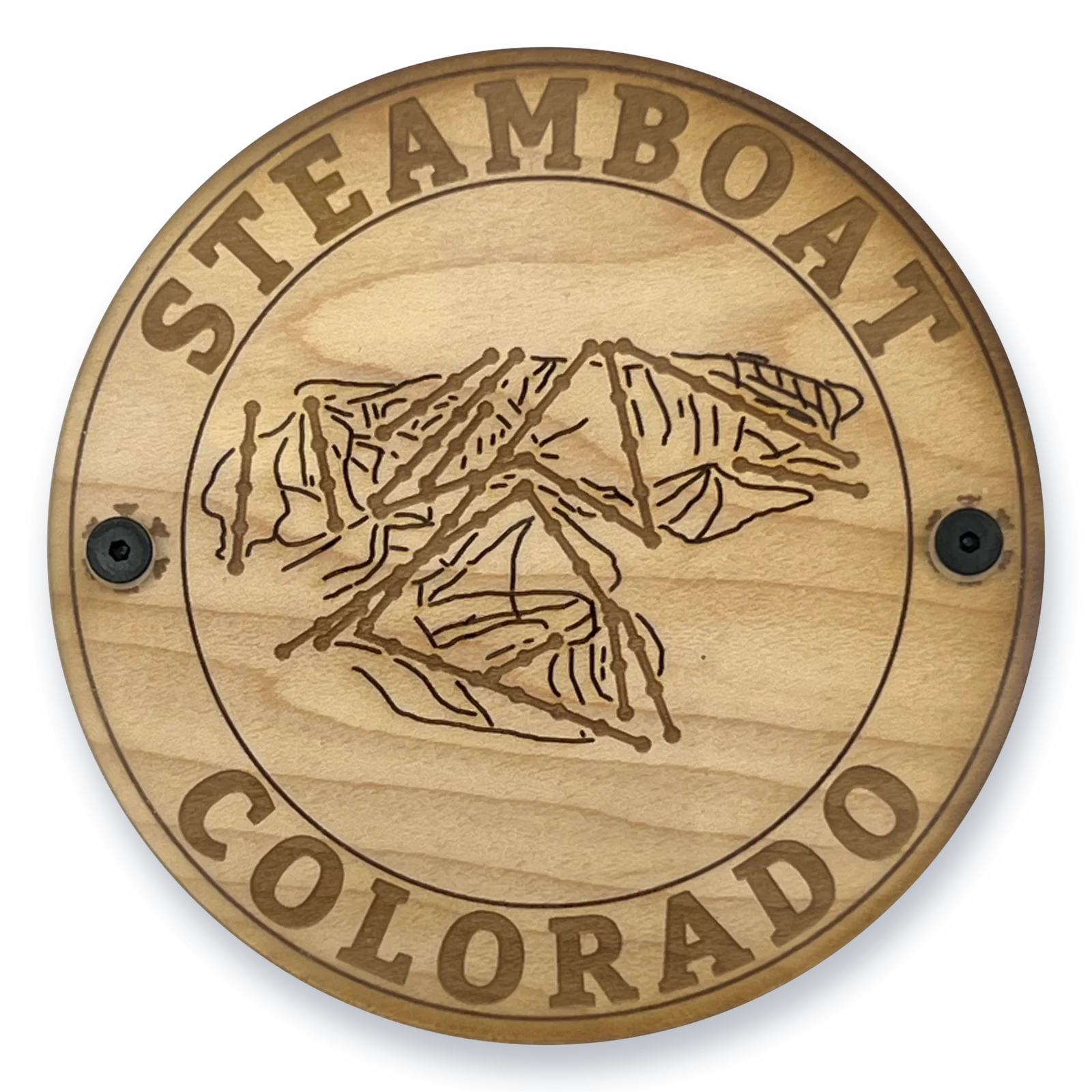 Steamboat coasters, a set of four with the engraved trail map under clear acrylic